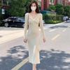 Casual Dress Female Vintage Autumn/Winter V-Neck Underlay Knitted Dress Women Winter Split Wrapped Hip Mid Length Dress Female