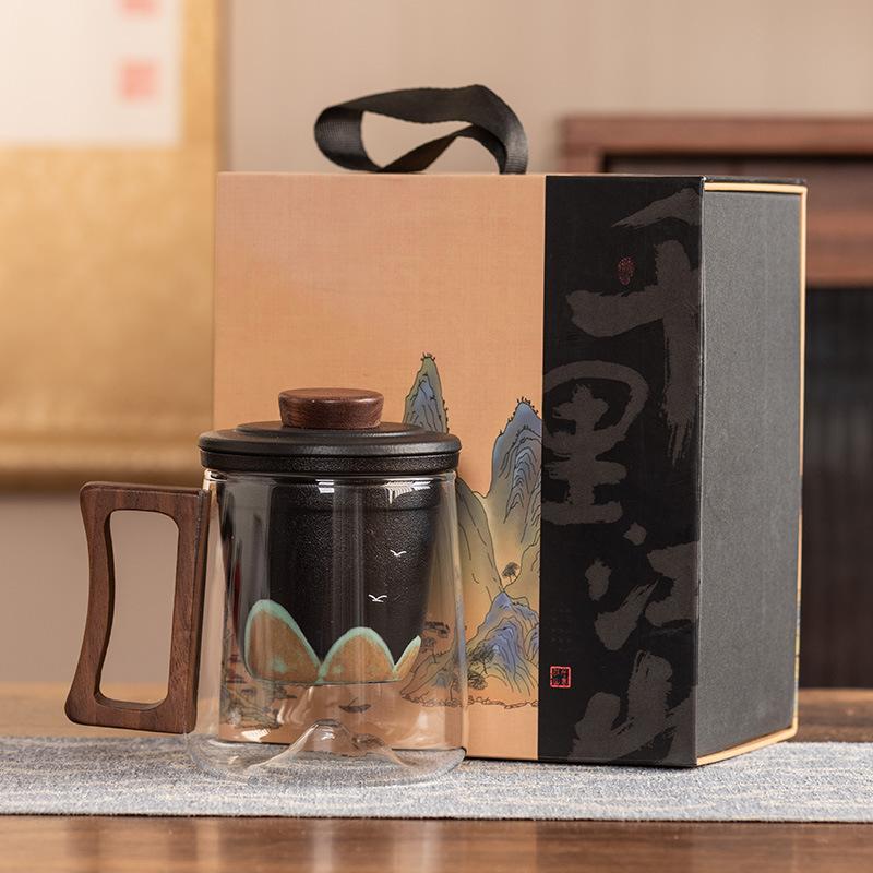 Ручка из черного сандала, офисная кружка, керамическая вставка-фильтр, стеклянная чашка для чая, высококлассная, защита от ожогов, подарочная коробка, портативный подарок