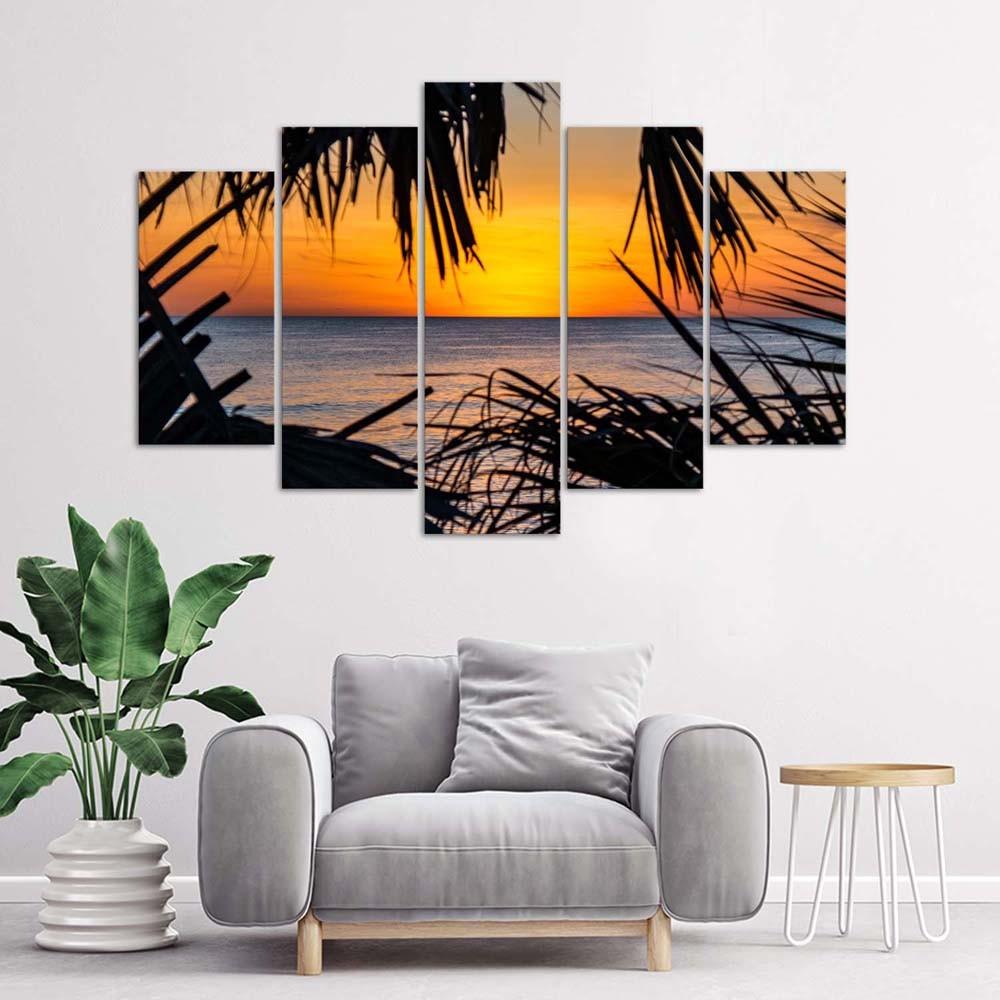 Feeby Five piece picture canvas print, Sea at sunset