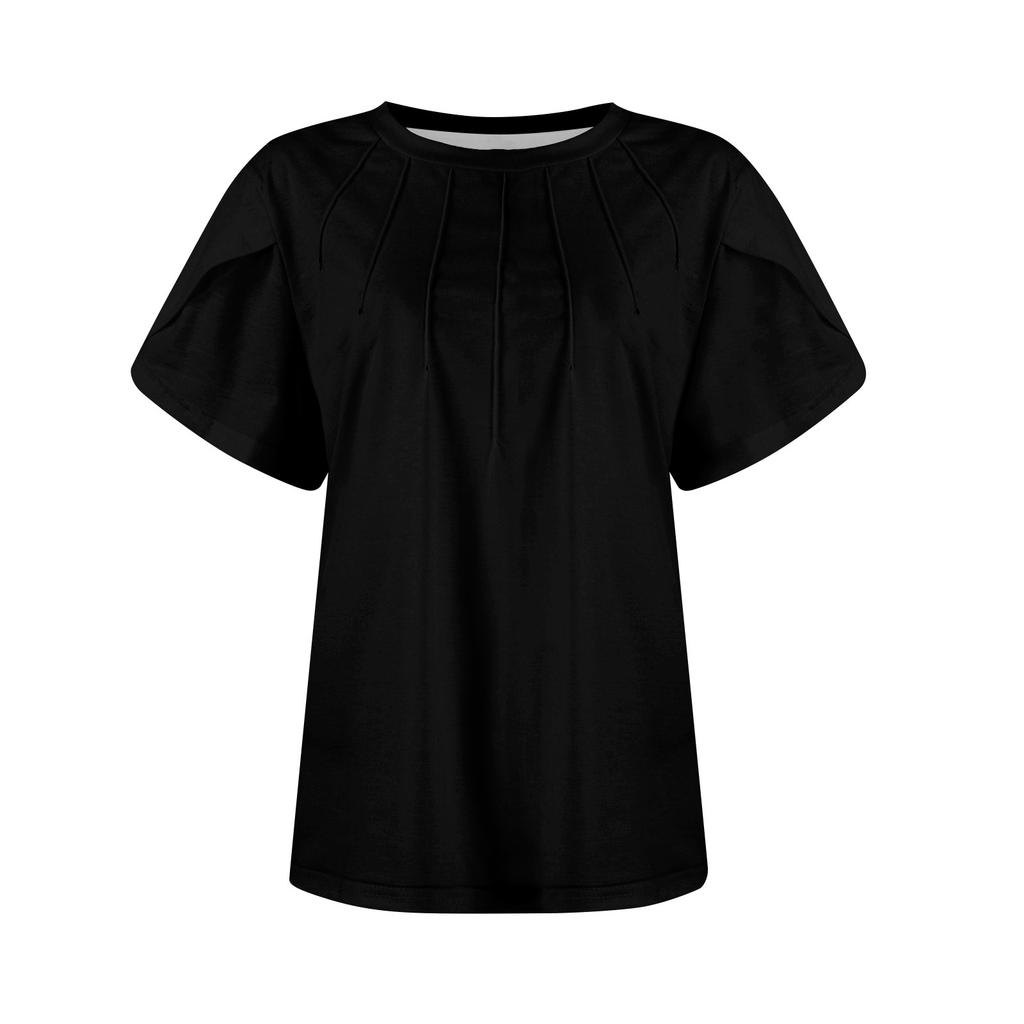 Women's Casual Round Neck Short Sleeve Chest Pleated Flap Sleeve Solid Color Top