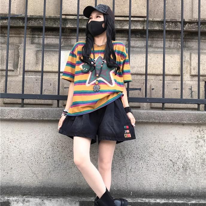 DIMANAF 2025 Летняя футболка женская с принтом звезд в полоску с коротким рукавом свободная черная