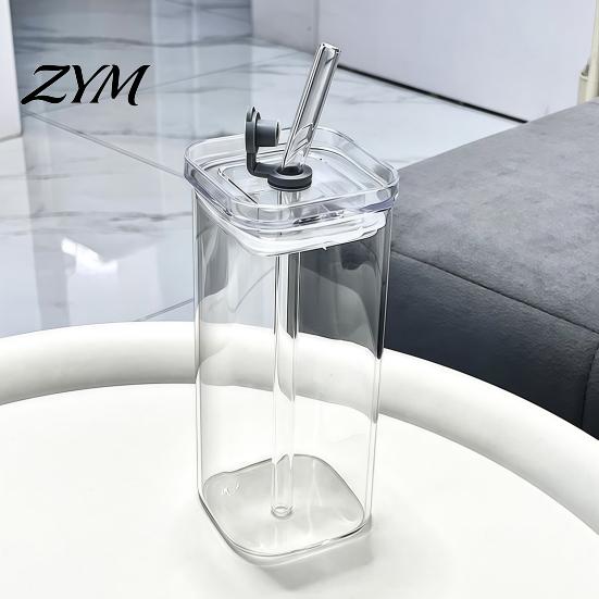 Unique Square Glassware for Collectibles Glass Cup with Lid And Straw, Clear Borosilicate Heat Versatile Cups Smoothies Resistant Tumbler, Portable