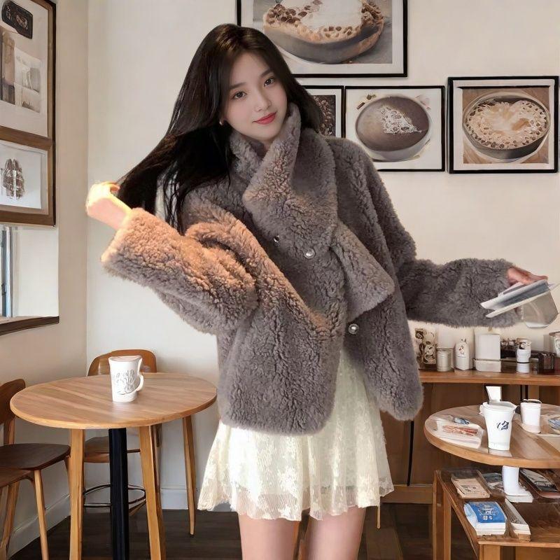 V-образный вырез шерсть зимняя стрижка овец мех интегрированный меховой верх шуба женская
