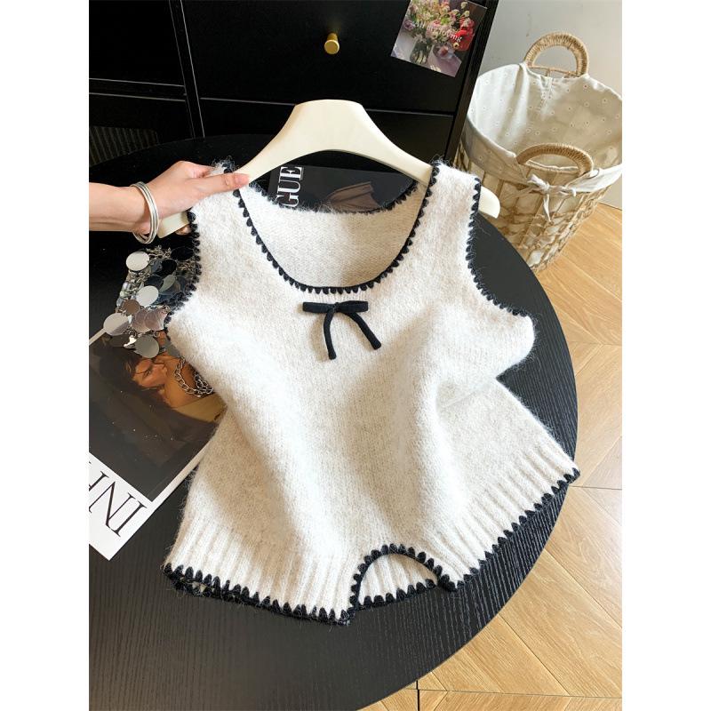 Women's French Color Block Bow Knit Vest - 2026 Autumn Sleeveless Layering Top