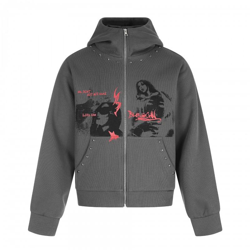 2026 American Retro Rivet Zip Hoodie Sweatshirt Teen Boys Loose Fit Casual Streetwear