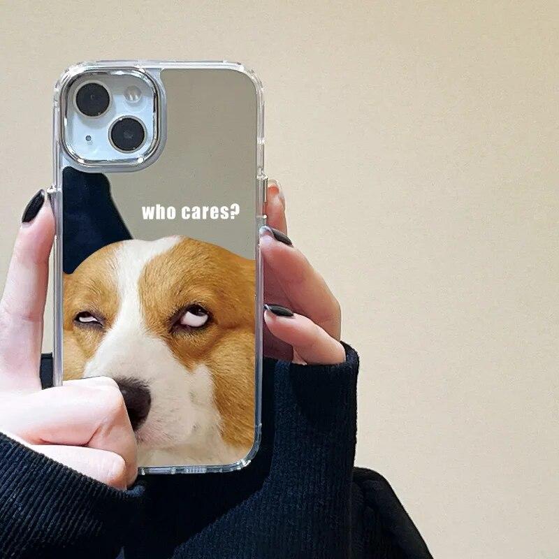 Cartoon Dog Mirror Phone Case For iPhone 11 Case iPhone 14 13 12 15 Pro Max X XR XS Max Cute Puppy Shockproof Bumper Cover Cases
