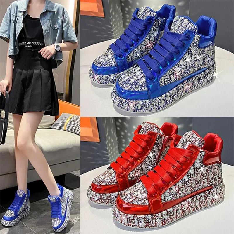 Full Diamond Thick Sole Women's Shoes 2024 New Personalized Water Diamond Colored Embroidery Casual Shoes High Top Sports Shoes