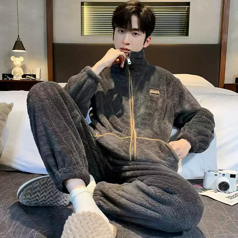 Зимняя мужская фланелевая утепленная теплая пижамная одежда с застежкой-молнией, брюки с длинным рукавом, домашняя одежда для молодых мальчиков, пижамы