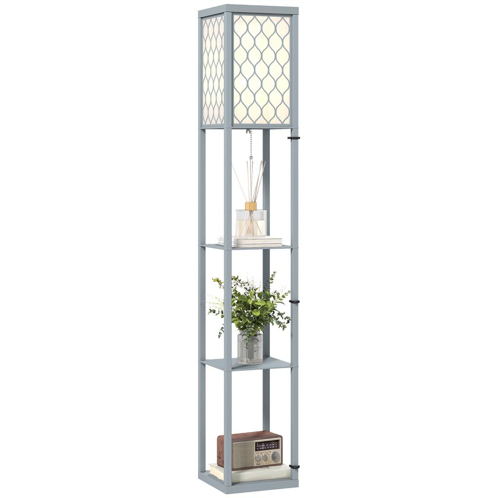 Floor Lamp with Shelf, 3 Compartments, Compact Dimensions, MDF, Light Grey