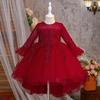 Children's Long Sleeve Evening Dress with Appliqué Mesh Puff Skirt