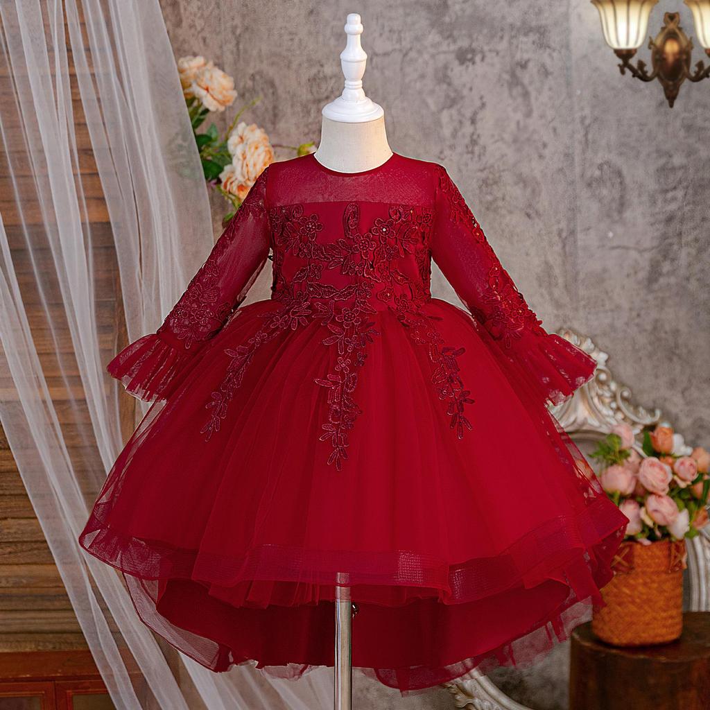 Children's Long Sleeve Evening Dress with Appliqué Mesh Puff Skirt