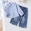 Spring and Autumn Infant Girls' Set Striped Long Sleeve Shirt + Denim Long Pants Two-Piece Set