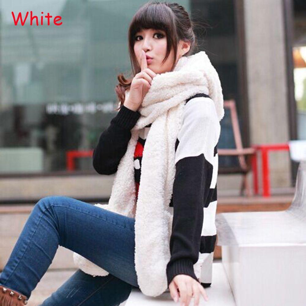 Women Long Warm Plush Velvet Hooded Scarf 3 In 1 Pocket Gloves Hats