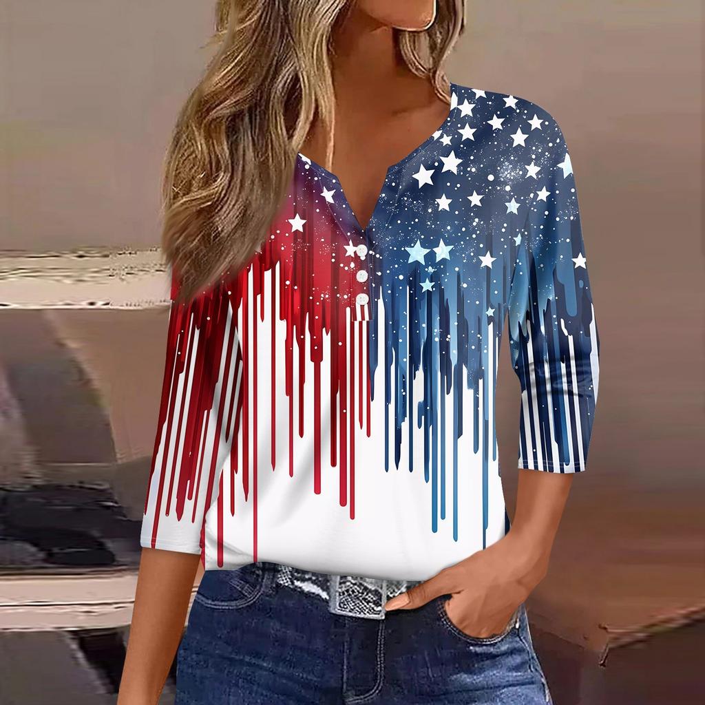 Жен. Футболка С принтом Пуговицы Рукав 3/4 Повседневные Выходные Мода Классический Классический V-образный вырез Обычный Верх