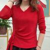 Весенне-осенний женский свитер с V-образным вырезом, длинным рукавом, однотонный, со шнурком, складки, расшитый блестками, свободный эластичный модный повседневный топ