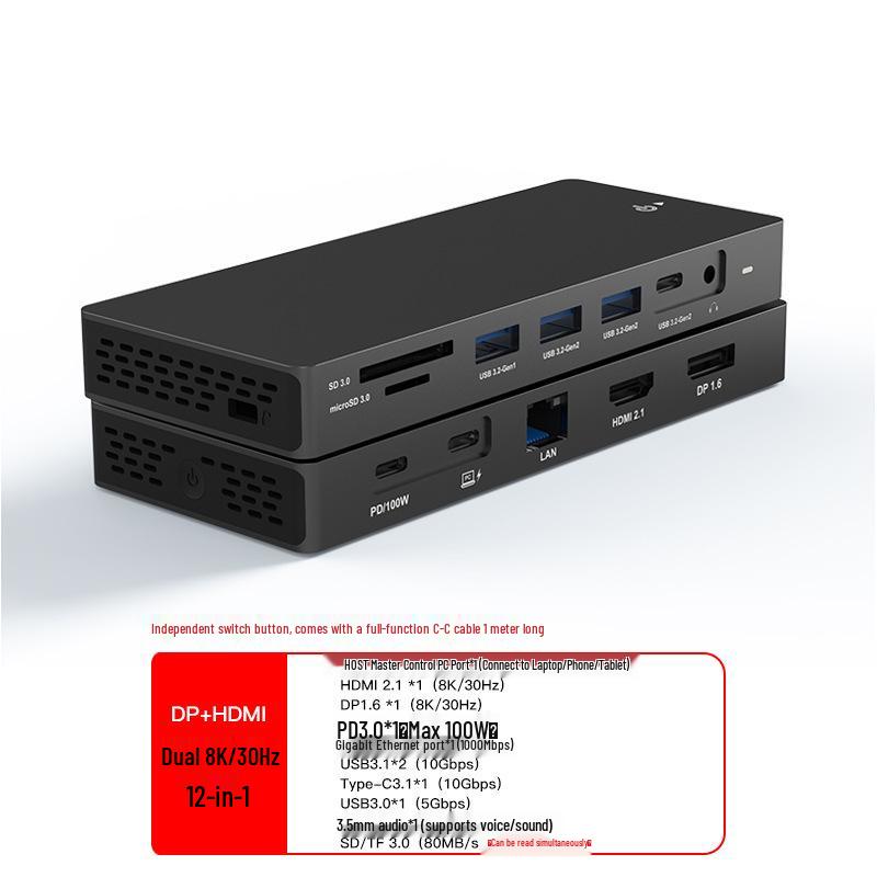 Док-станция 8K HD: HDMI 2.1/DP 1.4, Тройной дисплей, Gigabit Ethernet, USB 3.0 Конвертер для ноутбука