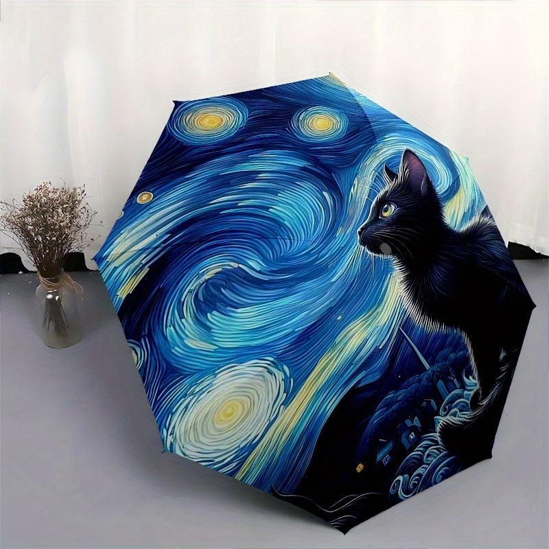 Starry Night, Black Cat Automatic Folding Umbrella 8 Ribs, Durable Iron Frame, Bright Color Pattern Compact Travel Umbrella, Suitable for O