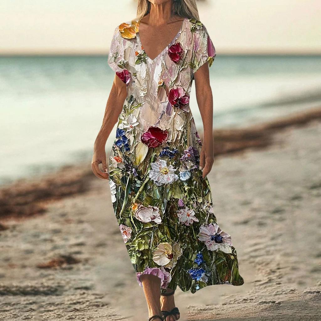 Fashion Women's Summer V-neck Short Sleeve Cotton And Linen Vintage Floral Print Beach Dress