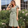 Summer Women V Neck Shoirt Sleeve Lace Up Long A Line Chic Print Green Pleated Dresses