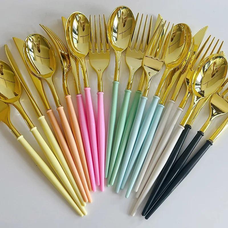 6pcs Colorful Plastic Goldplated Knife Fork Spoon Set with Handle Children Birthday Party Decoration Tableware Gatherings Dinner