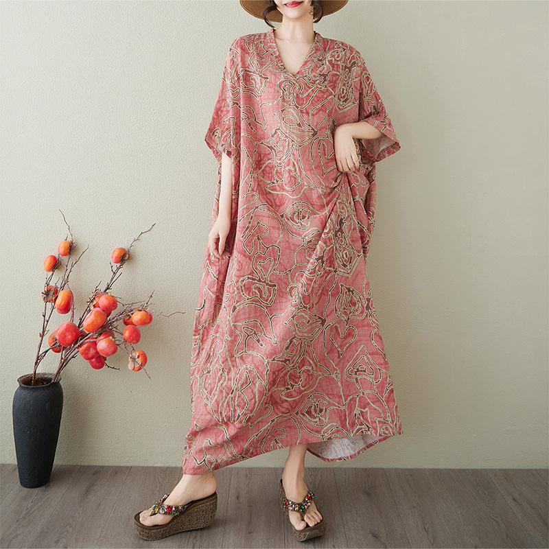 Dimanaf 2025 Summer Plus Size Dress Women Casual V-Neck Vintage Shirt Dress Loose Basic Printing Linen Dress