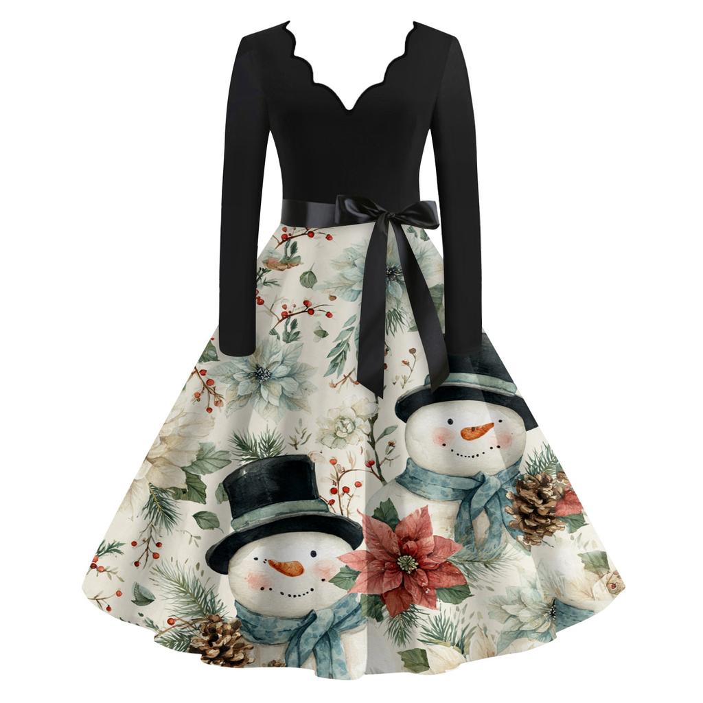 Женское повседневное модное платье с V-образным вырезом и длинными рукавами в стиле ретро с рождественским принтом