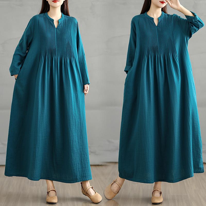 DIMANAF 2025 Women Plus Size Autumn Long Dress Loose Casual Oversize Long Sleeve Maxi Vintage Dress Cotton