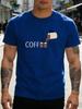 Unisex Royal Blue Tee Coffee Battery Pouring Art Print Short Sleeve Loose Casual Street Basic Top For Adult Male Daily Wear Outfit