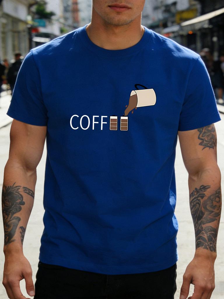 Unisex Royal Blue Tee Coffee Battery Pouring Art Print Short Sleeve Loose Casual Street Basic Top For Adult Male Daily Wear Outfit