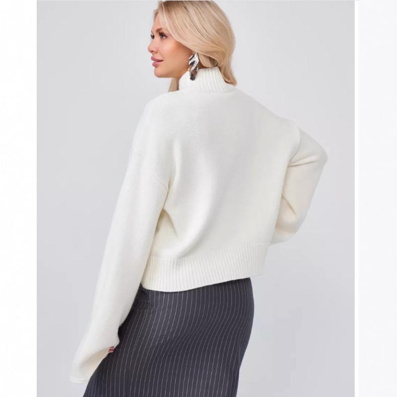Осень Зима Высокий Воротник Однотонный Простой Универсальный Свитер Женский Расклешенный Рукав Модный Универсальный Вязаный Пуловер Топ