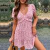 Женская мода лето весна цветочный узор принт с коротким рукавом V-образным вырезом с высокой талией повседневные платья