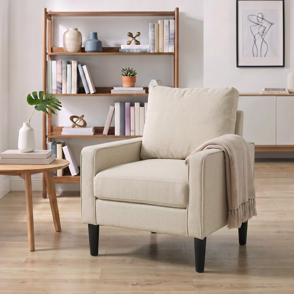 Accent Chair, Removable Pillow Linen Armchair with Comfy Spring Cushion for Living Room, Bedroom, Study, Cream