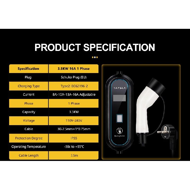 TAYSLA Household Electric Car Charger 16A MAX 220V Portable EV Charger TYPE 2 IEC 62196 Charging Cable for Electric Vehicle Car