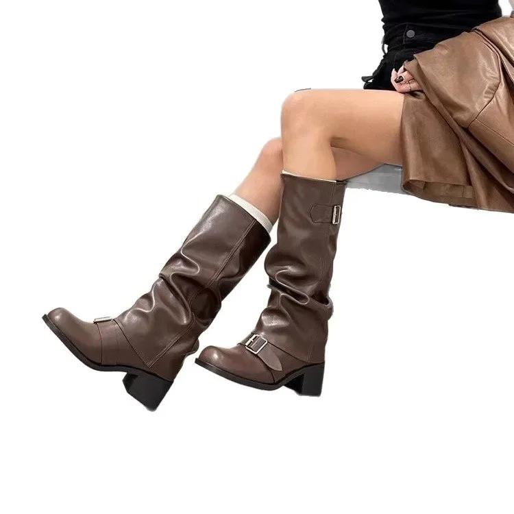 Women'S Over-Knee Long Boots Round Toe Western Knight Boots Thick Heel Autumn Winter New Style Polyurethane Rubber Material