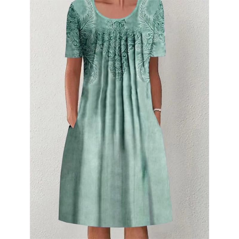 Женская мода лето весна цветочный узор принт короткий рукав О-образный вырез свободная талия повседневные платья