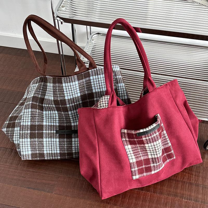 Double Sided Plaid Women's Woolen Shopping Bags College Girls Faux Suede Book Shoulder Bag Large Capacity Female Tote Handbags