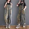 Women Printed Denim Overalls Jumpsuit Bib Trousers Adjustable Straps Loose Jeans Casual Plus Size