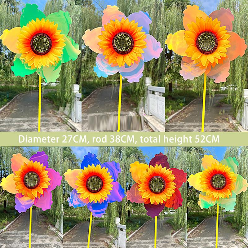 1 Set Outdoor Garden Decor Double Layered Sunflower Windmill Rotating Sunflower Wind Spinner Stake Standing Lawn Flower Pinwheel