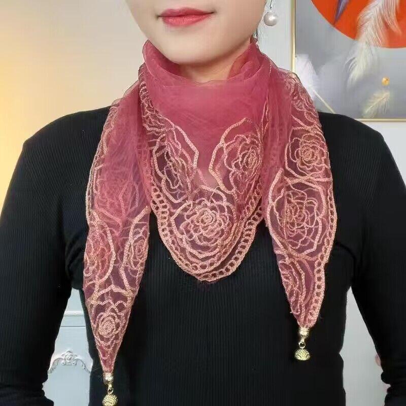 Embroidered Magnetic Button Versatile Spring and Summer Travel Multifunctional Thin Scarf for Women's Sun Protection Fashion Gauze Scarf