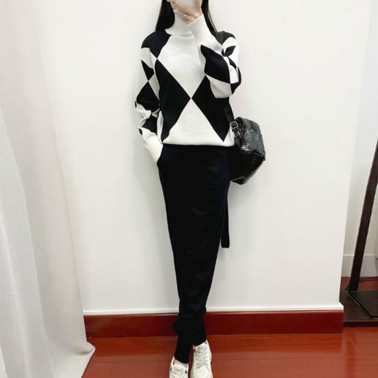 2 шт./компл. женский свитер и брюки, комплект, толстый геометрический принт, высокий воротник, защита шеи, длинный рукав