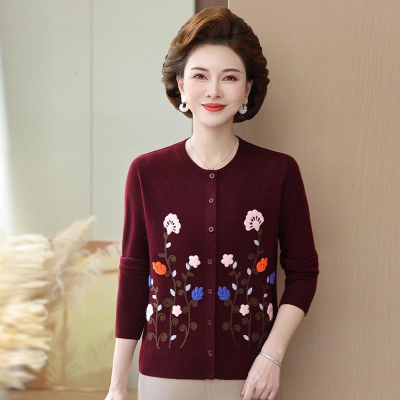 Women's Embroidered Wool Cardigan - Grandma's Warm Round Neck Sweater for Autumn/Winter