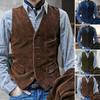 Men Waistcoat V-Neck Sleeveless Single Breasted Vest Coat Solid Color Slim Fit Corduroy Retro Style Waistcoat with Pockets