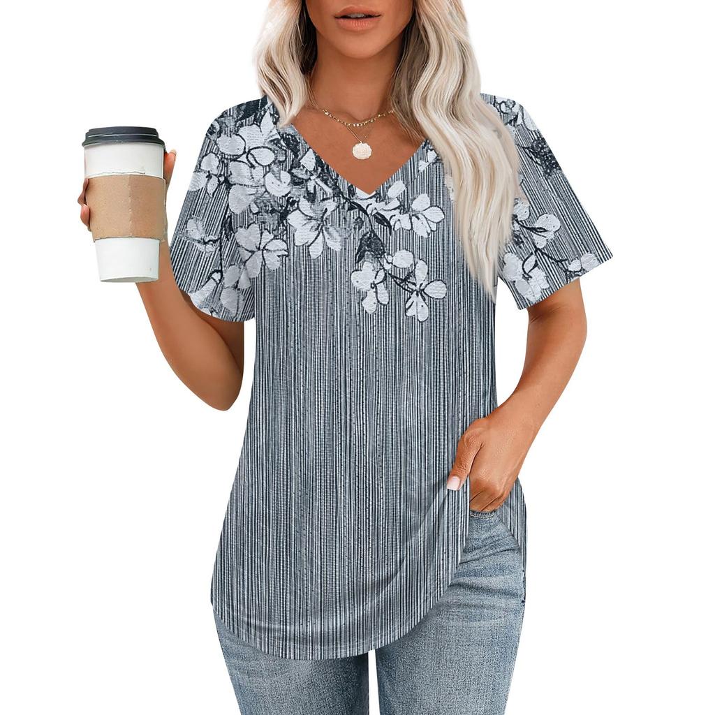 Womens T Shirts V Neck Short Sleeve Casual Tops Loose Fit Basic Tees With Curved Hem