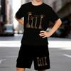 Boys 2 Piece Cartoon giraffe printed outfit, Short Sleeve T-Shirt and Shorts Set for Kids Age 5-14,Black ,White Sporty Casual Summer Clothes