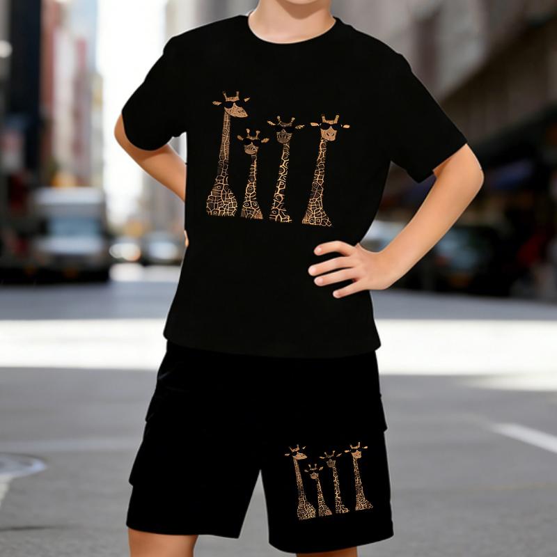 Boys 2 Piece Cartoon giraffe printed outfit, Short Sleeve T-Shirt and Shorts Set for Kids Age 5-14,Black ,White Sporty Casual Summer Clothes