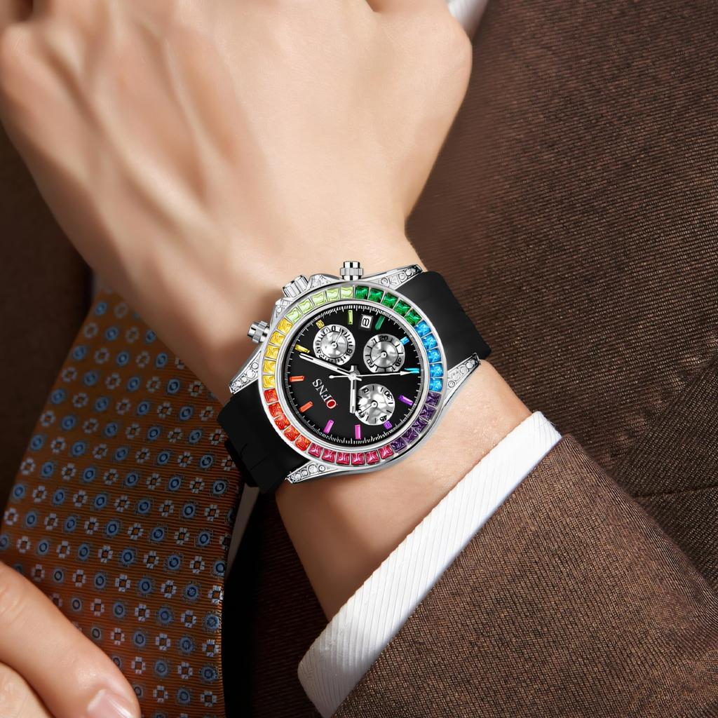 Rainbow Diamond Chronograph Men's Watch Six Pin Quartz Movement Waterproof Calendar Night Light Luxury Men's Watch
