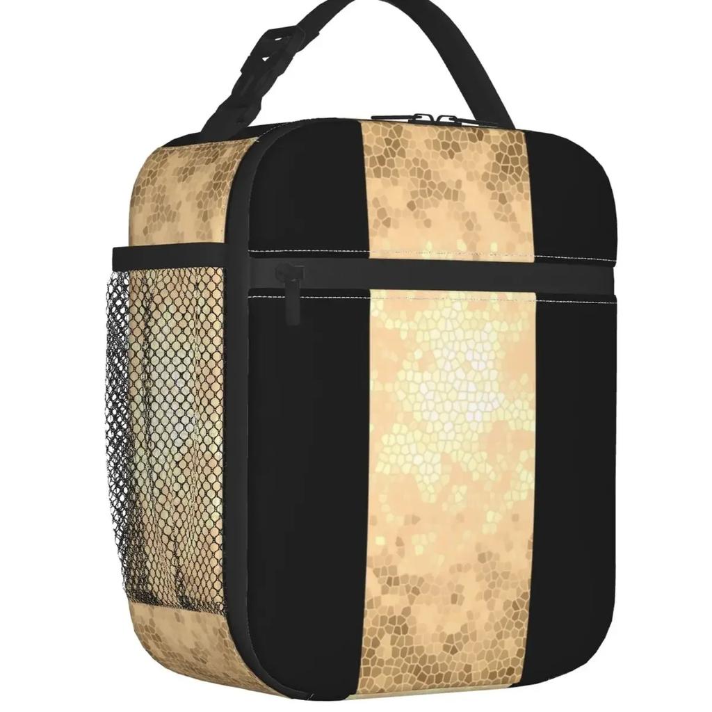 Grey Gold Geometry Art Deco Insulated Lunch Bag for Outdoor Picnic Abstract Geometry Portable Cooler Thermal Bento Box Women Kid