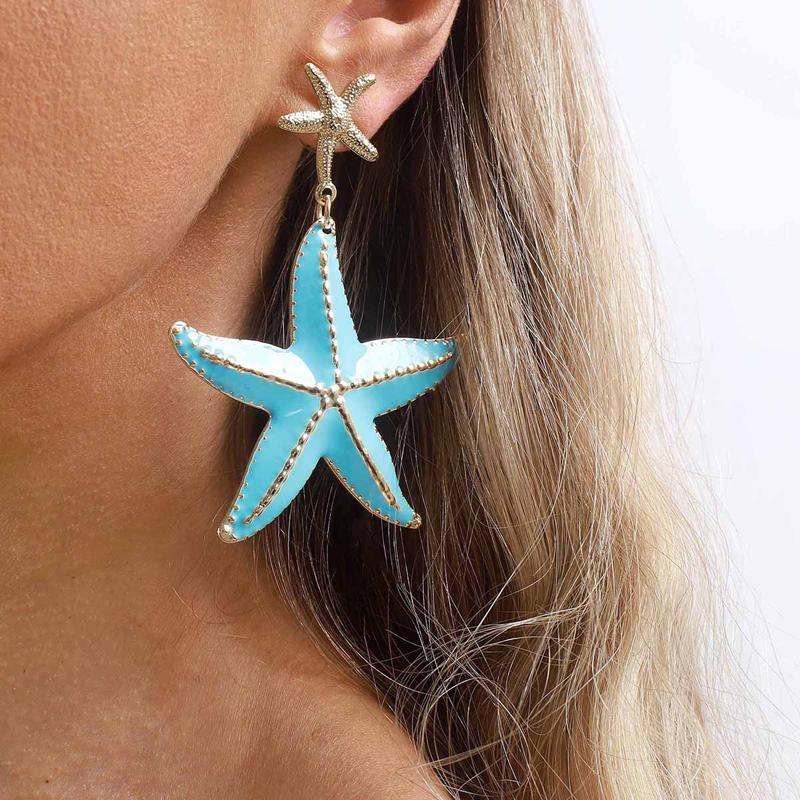 Exaggerated Drop Oil Starfish Pendant Earrings for Women Creative Metal Pentagram Earrings Beach Vacation Jewelry Gifts
