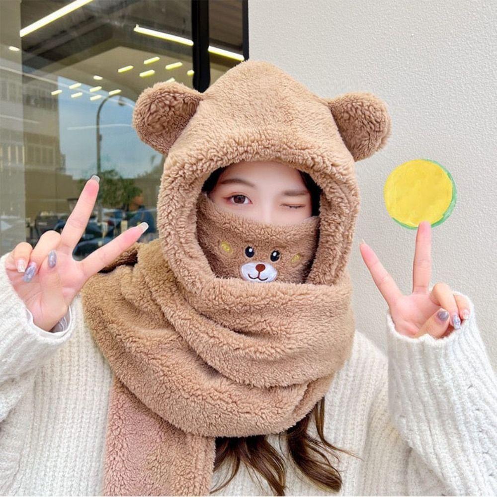 Winter Warm Women Beanies Caps Cute Bear Ear Integrated Cap Scarf Ear Protection Caps  Cycling
