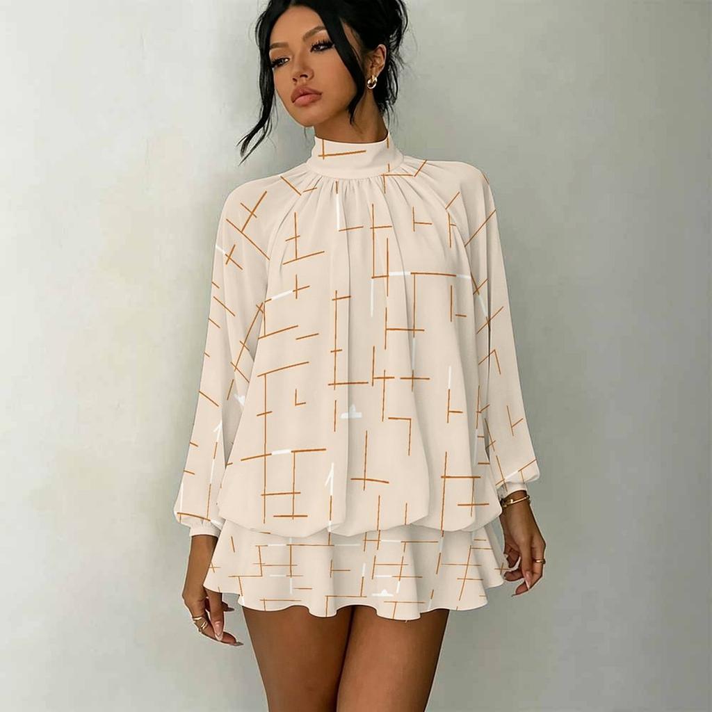Women's 3D Abstract Swirl Print Mock Neck Long Sleeve Dress, Raglan Sleeve Fake Two Piece Mini Dress